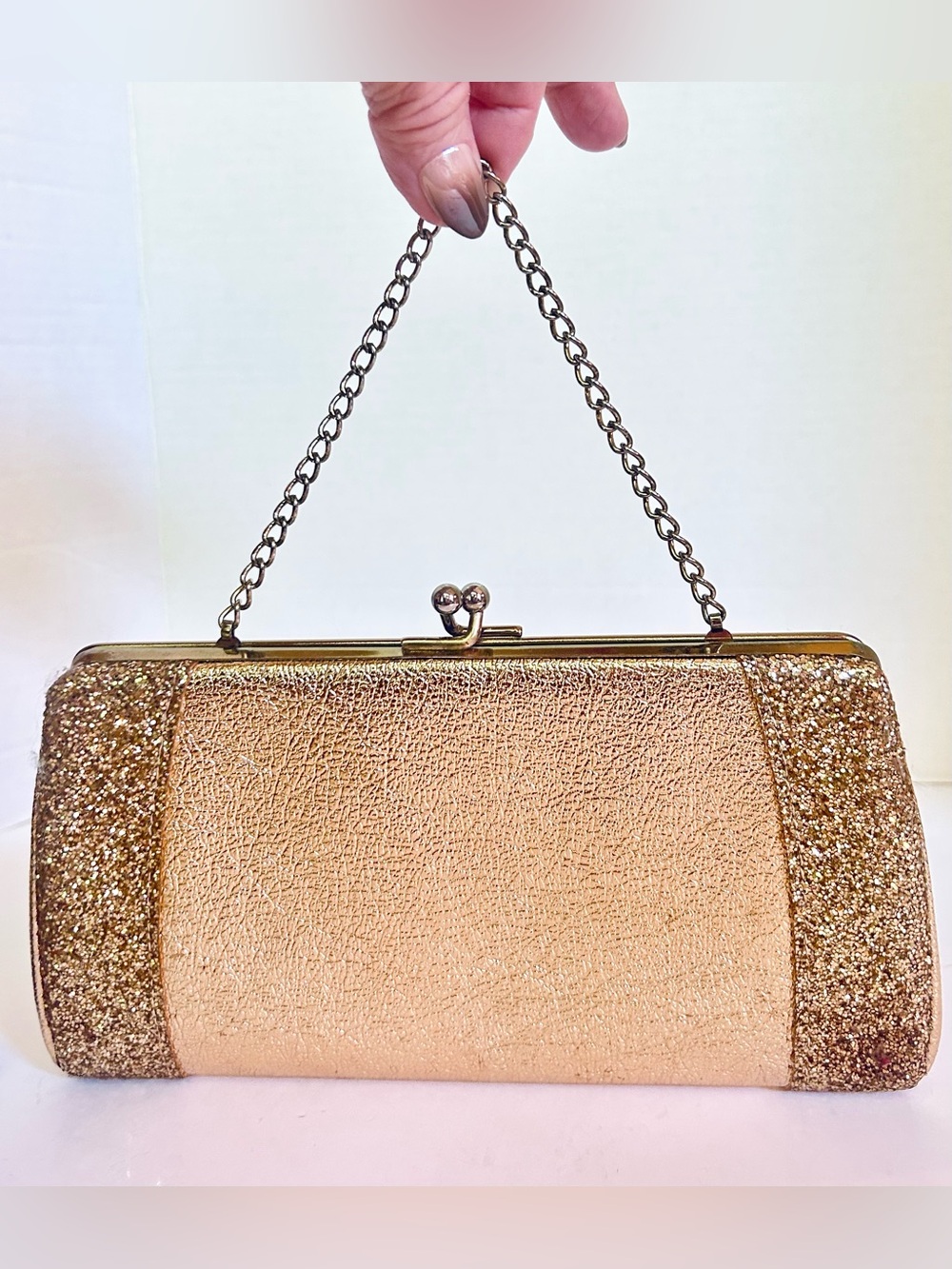 Vintage 1960s Gold Metallic Evening Bag Sparkle Glitter Panel Kiss Lock Purse